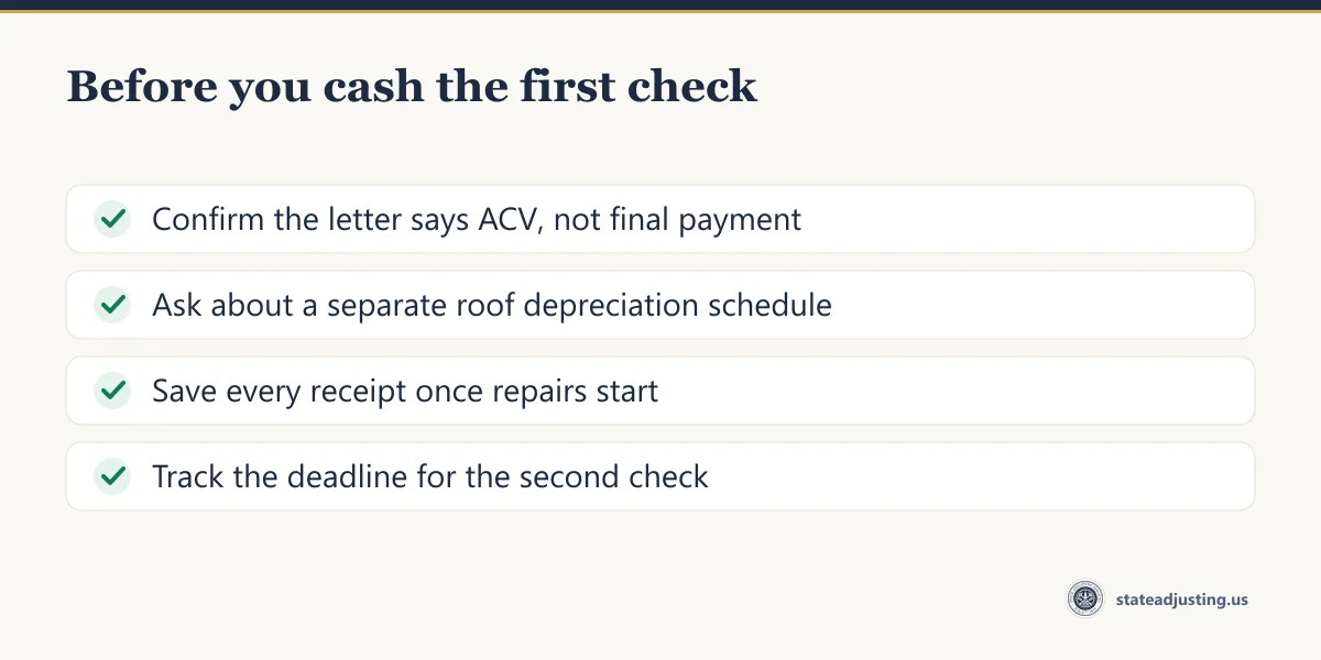 Checklist: confirm the letter says ACV not final payment, ask about a separate roof depreciation schedule, save every repair receipt, track the deadline to submit for recoverable depreciation