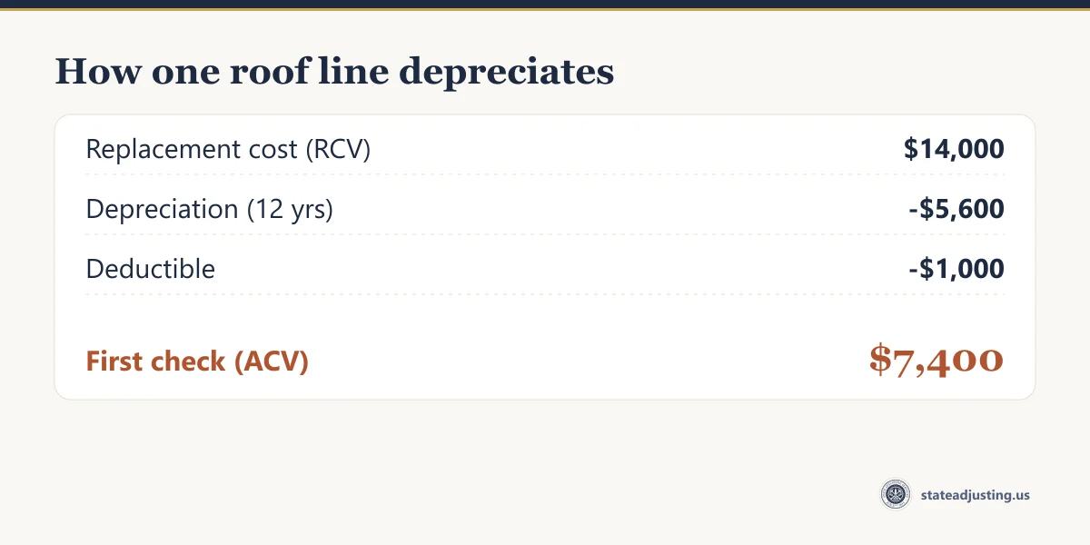 Worked example: a $14,000 roof replacement depreciated by $5,600 and reduced by a $1,000 deductible to a $7,400 first check