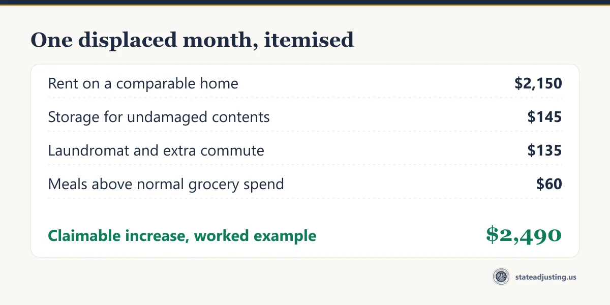 Worked example of one displaced month: rent $2,150, storage $145, laundromat and commute $135, meals $60, claimable increase $2,490