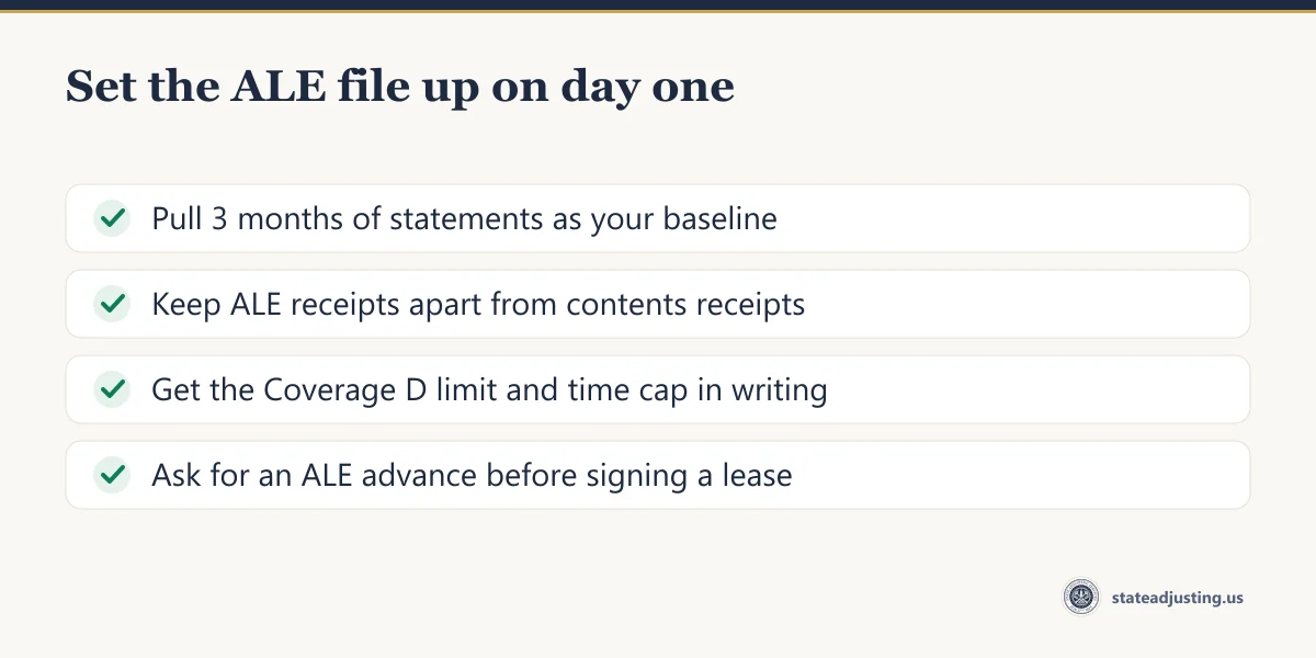 Checklist: pull three months of statements as a baseline, keep ALE receipts apart from contents, get the Coverage D limit in writing, ask for an advance