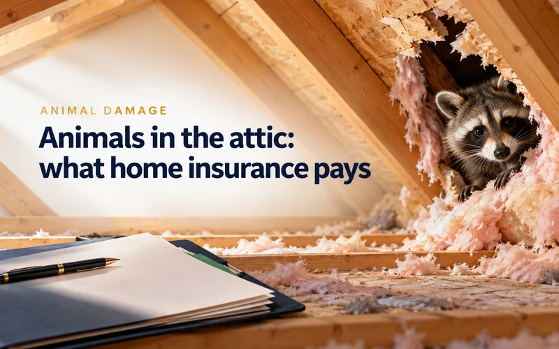 A raccoon looking out of a hole torn in an attic roof deck, pink insulation pulled loose around it, and a clipboard with papers and a pen on the attic floor