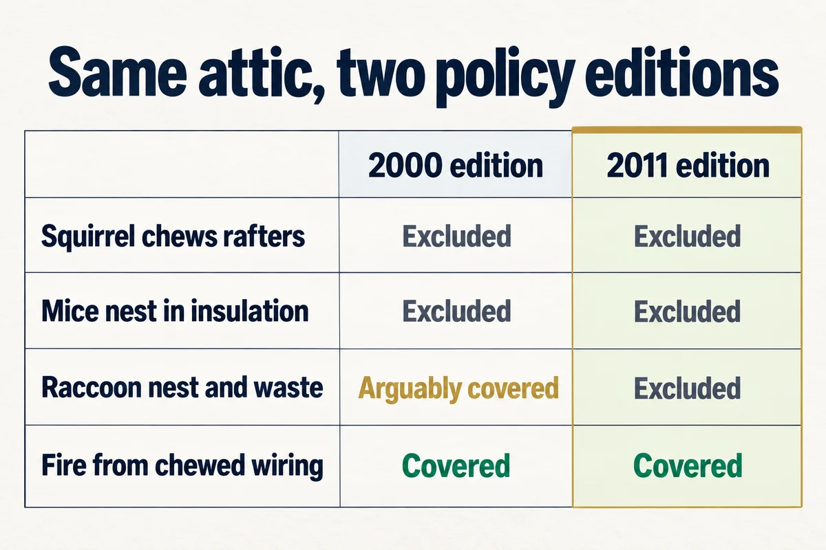 Comparison titled Same attic, two policy editions: squirrel chews rafters excluded in both, mice nest in insulation excluded in both, raccoon nest and waste arguably covered in 2000 and excluded in 2011, fire from chewed wiring covered in both