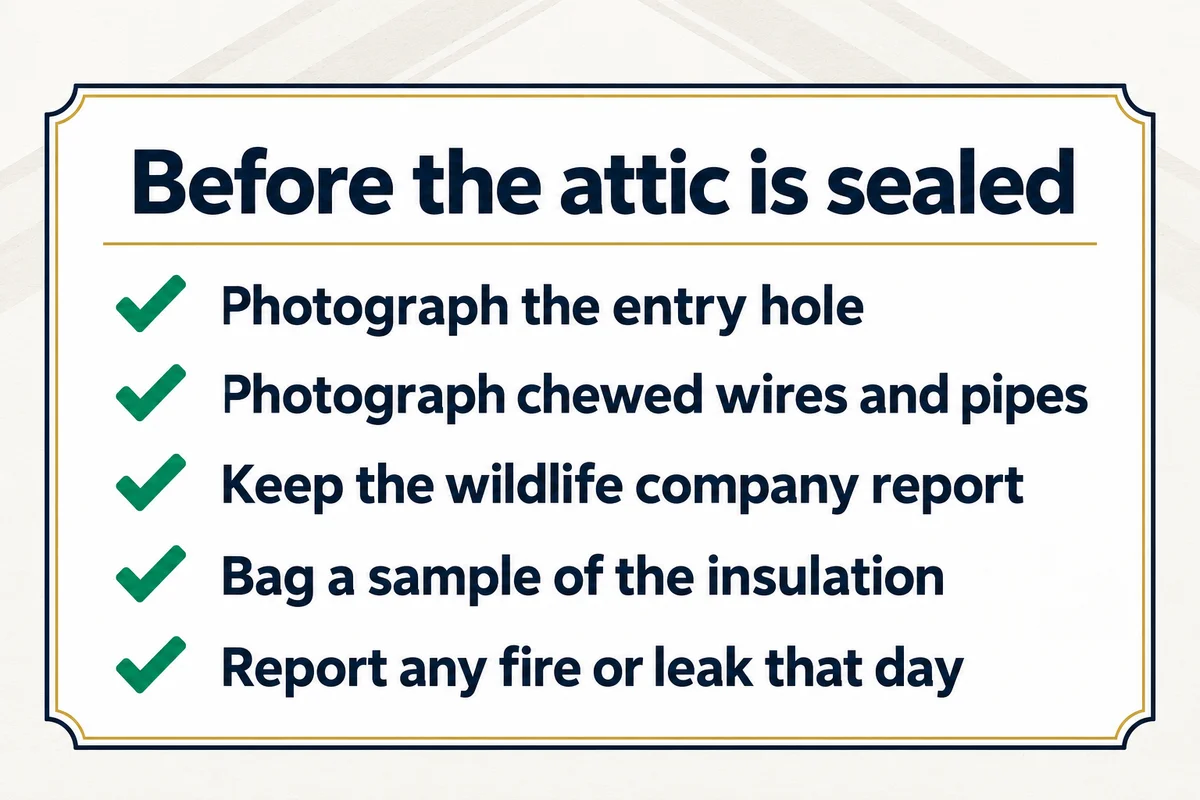 Checklist titled Before the attic is sealed: photograph the entry hole, photograph chewed wires and pipes, keep the wildlife company report, bag a sample of the insulation, report any fire or leak that day