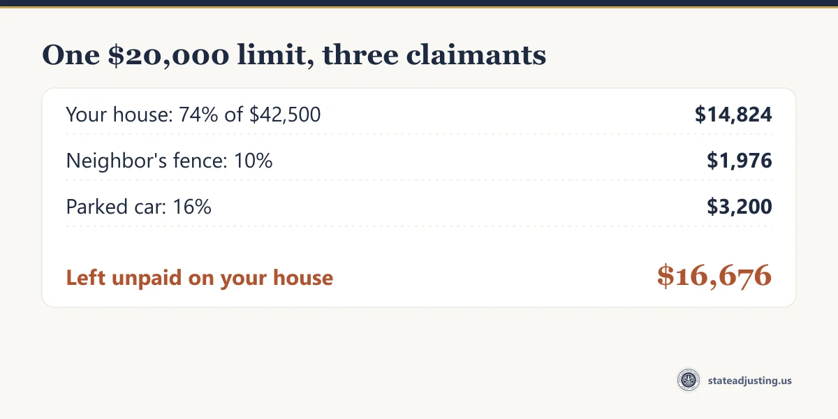 Receipt banner for an example crash with one $20,000 limit and three claimants: your house 74 percent of $42,500 is $14,824, neighbor fence $1,976, parked car $3,200, $16,676 left unpaid on the house