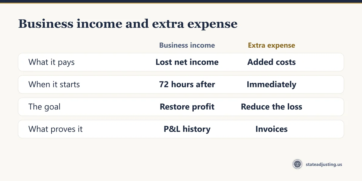 Business income pays lost net income starting 72 hours after the loss; extra expense pays added costs starting immediately