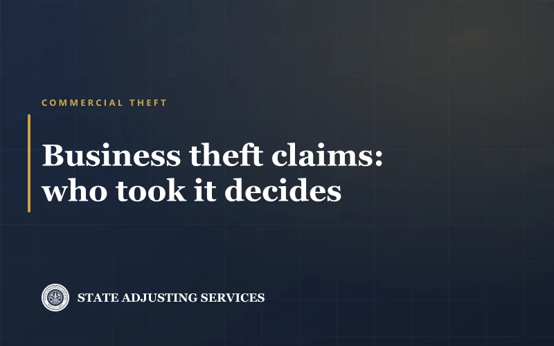 Title card reading Business theft claims: who took it decides, State Adjusting Services