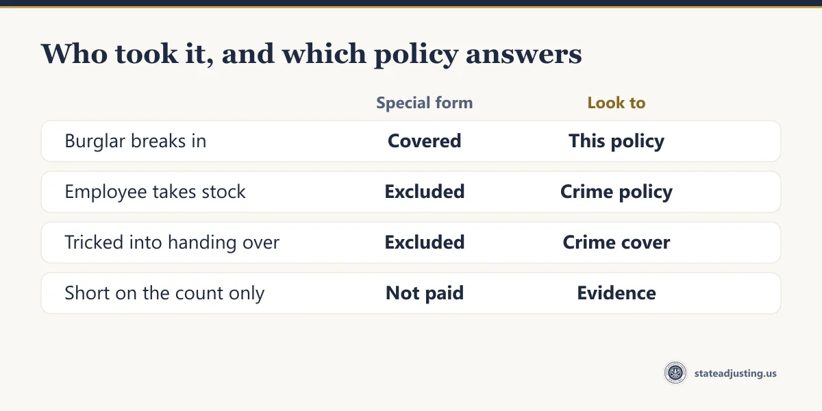 Table of four ways property leaves a business: a burglar breaking in is covered by the property policy, an employee taking stock and being tricked into handing goods over are excluded and go to crime cover, and a shortage found only on the count is not paid without evidence