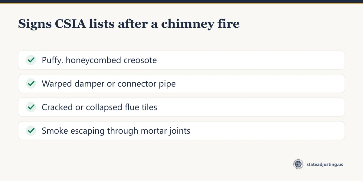 Checklist of signs CSIA lists after a chimney fire: puffy honeycombed creosote, warped damper or connector pipe, cracked or collapsed flue tiles, smoke escaping through mortar joints