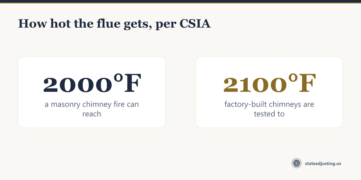 Two temperatures from CSIA: a masonry chimney fire can reach about 2000 degrees Fahrenheit, and factory-built chimneys are tested to flue temperatures of 2100 degrees