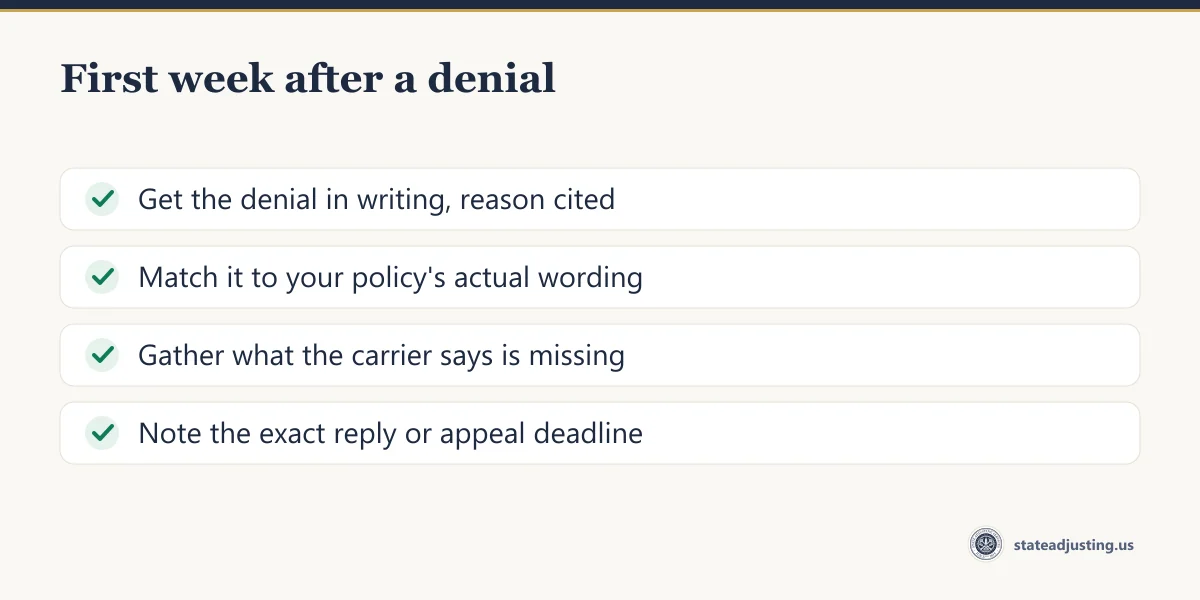 Checklist: get the denial in writing with the reason cited, match it to your policy's actual wording, gather what the carrier says is missing, note the exact reply or appeal deadline