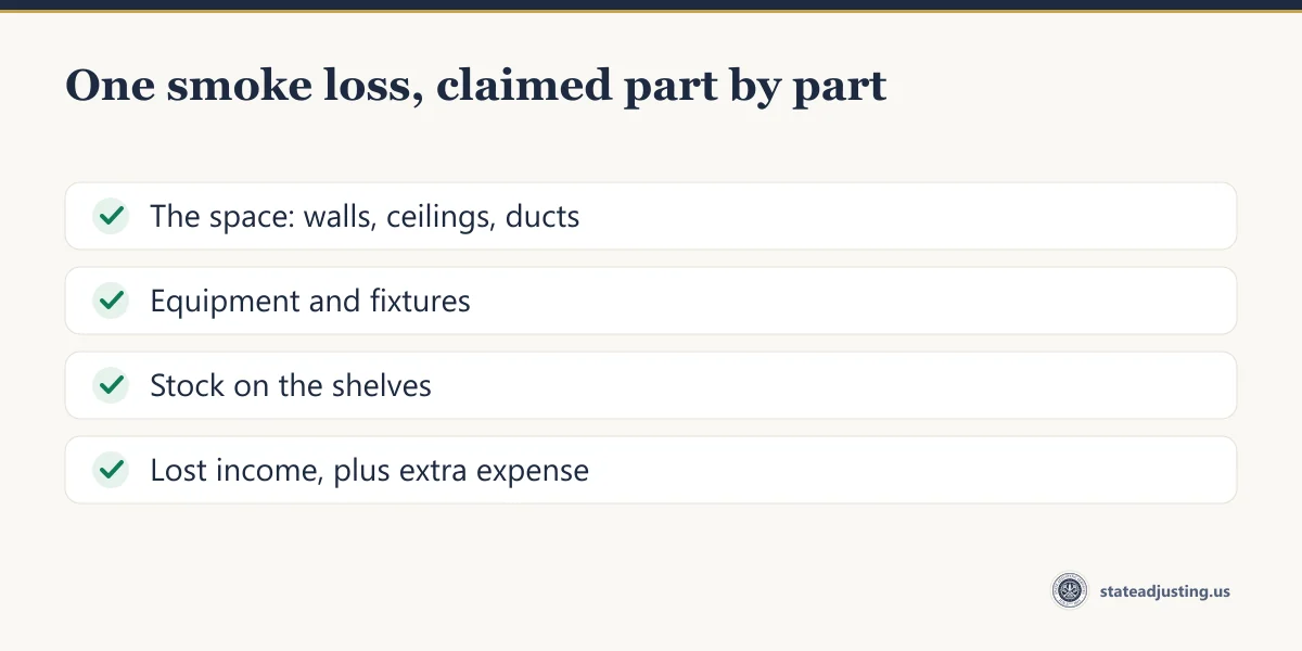 Checklist banner titled one smoke loss, claimed part by part: the space with its walls, ceilings and ducts, equipment and fixtures, stock on the shelves, and lost income plus extra expense
