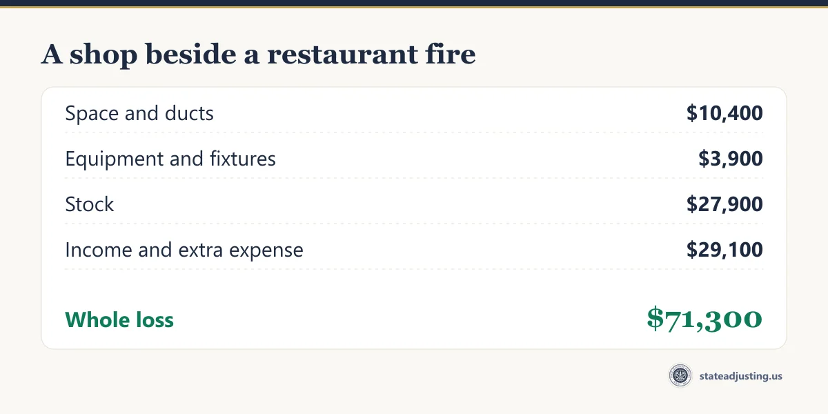 Receipt banner titled a shop beside a restaurant fire: space and ducts $10,400, equipment and fixtures $3,900, stock $27,900, income and extra expense $29,100, whole loss $71,300