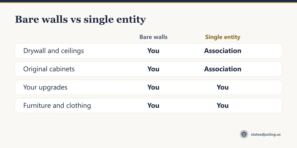 Comparison banner: under a bare walls declaration the unit owner insures drywall, ceilings and original cabinets, while under single entity the association insures them; upgrades and furniture are the owner's under both