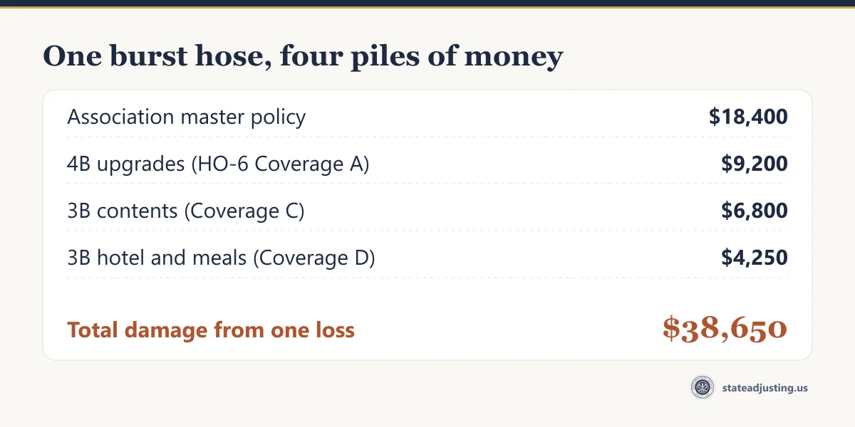 Receipt banner: one burst supply hose splits into $18,400 on the association master policy, $9,200 of unit 4B upgrades under HO-6 Coverage A, $6,800 of unit 3B contents under Coverage C and $4,250 of hotel and meals under Coverage D, totalling $38,650
