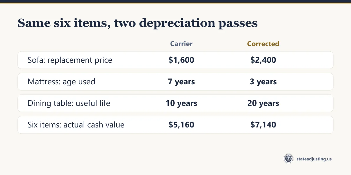 Comparison banner for six household items: the carrier priced the sofa at $1,600 against a corrected $2,400, used a mattress age of 7 years against 3, a dining table life of 10 years against 20, and reached an actual cash value of $5,160 against a corrected $7,140