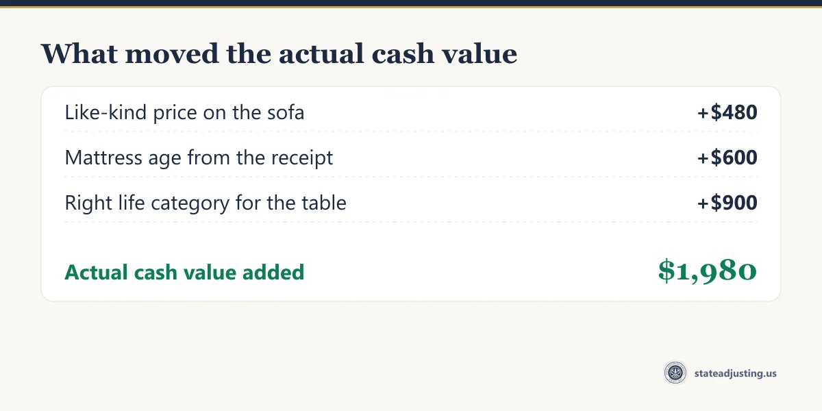 Receipt banner showing what moved the actual cash value in the worked example: a like-kind price on the sofa added $480, the mattress age from the receipt added $600, and the right life category for the table added $900, for $1,980 of actual cash value added