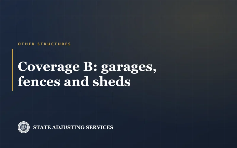 Article cover: Coverage B — what a homeowners policy pays for detached garages, fences and sheds, from State Adjusting Services