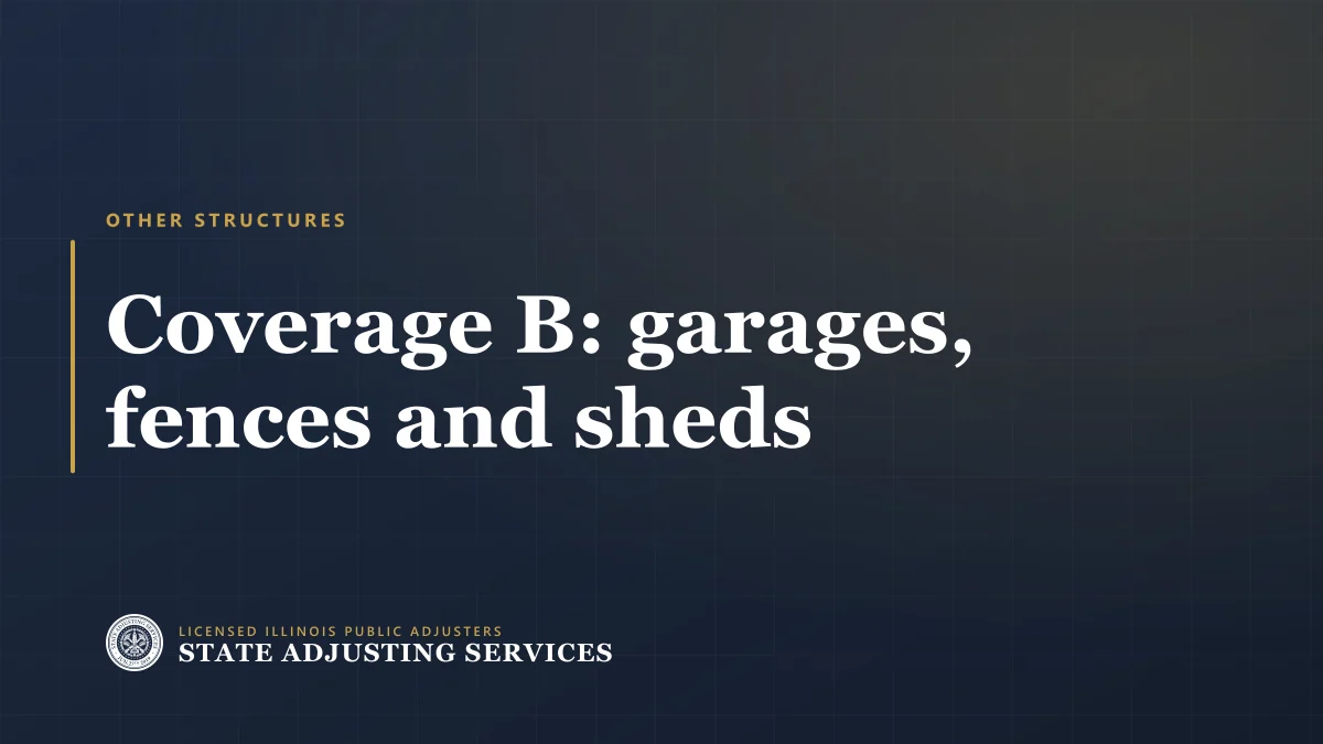 Article cover: Coverage B — what a homeowners policy pays for detached garages, fences and sheds, from State Adjusting Services