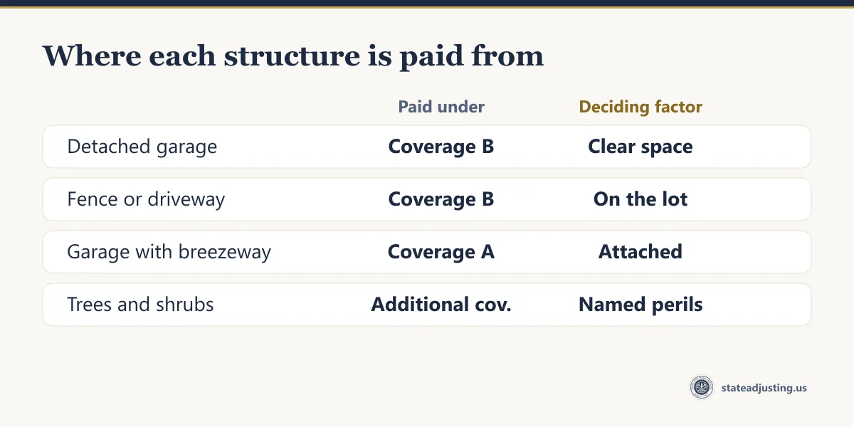 Table showing where each structure is paid from: a detached garage and a fence or driveway under Coverage B, a garage joined by a breezeway under Coverage A, and trees and shrubs under a separate additional coverage limited to named perils