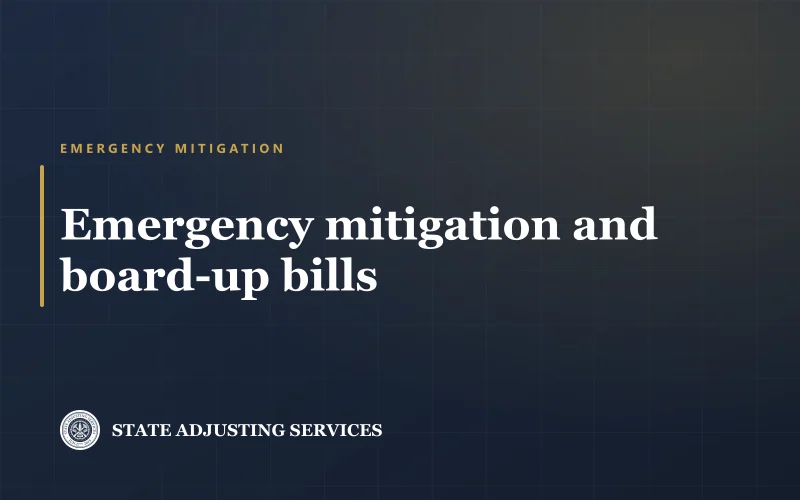Article cover: emergency mitigation and board-up bills, what the carrier pays and what it argues about, from State Adjusting Services