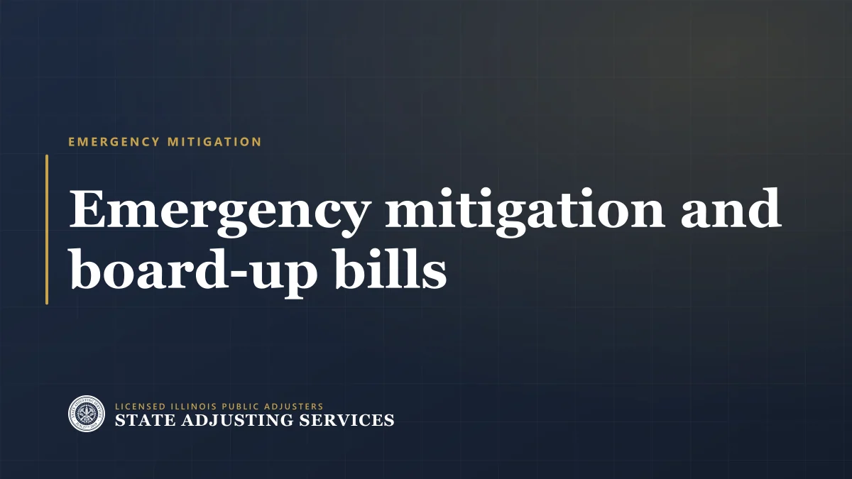 Article cover: emergency mitigation and board-up bills, what the carrier pays and what it argues about, from State Adjusting Services