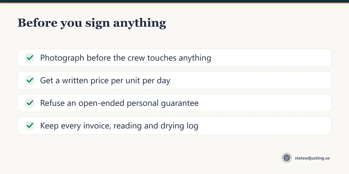 Checklist banner: photograph before the crew touches anything, get a written price per unit per day, refuse an open-ended personal guarantee, keep every invoice, reading and drying log