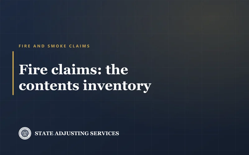 Article cover: fire claims and the contents inventory, from State Adjusting Services