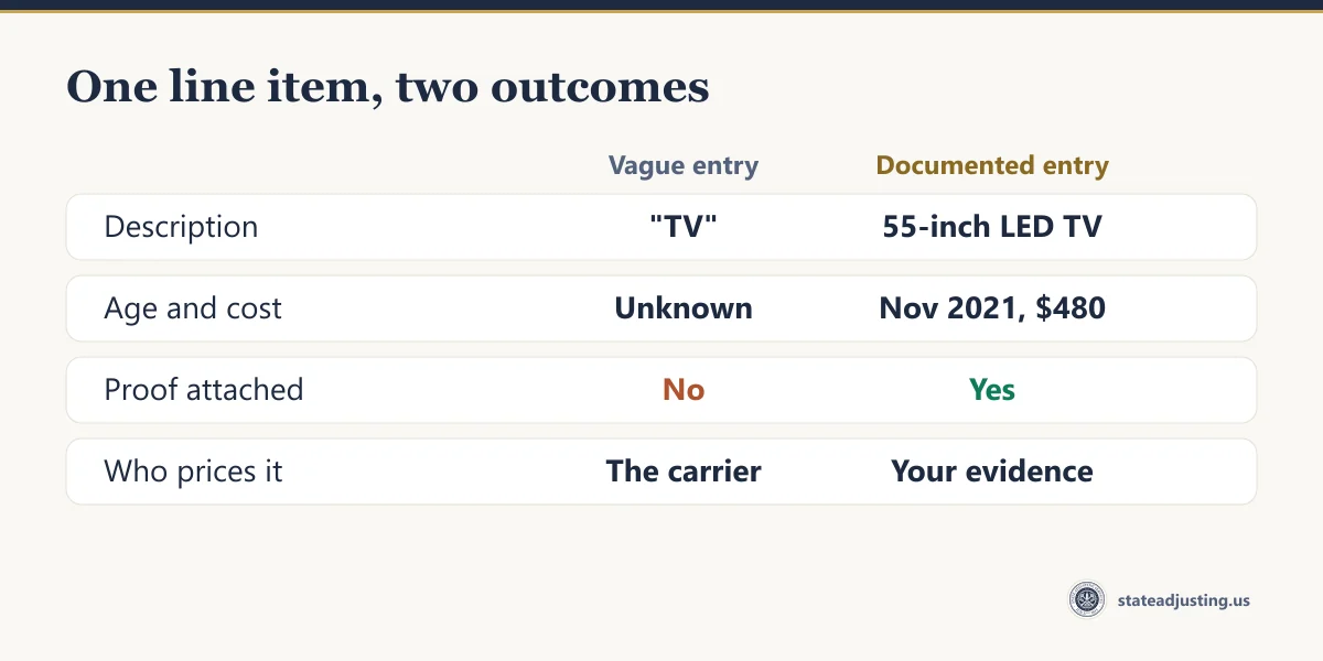 Comparison: a vague inventory line reading TV versus a documented line giving size, purchase date, price and proof