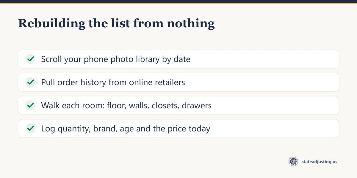 Checklist: scroll the phone photo library by date, pull online order history, walk each room in order, log quantity brand age and price
