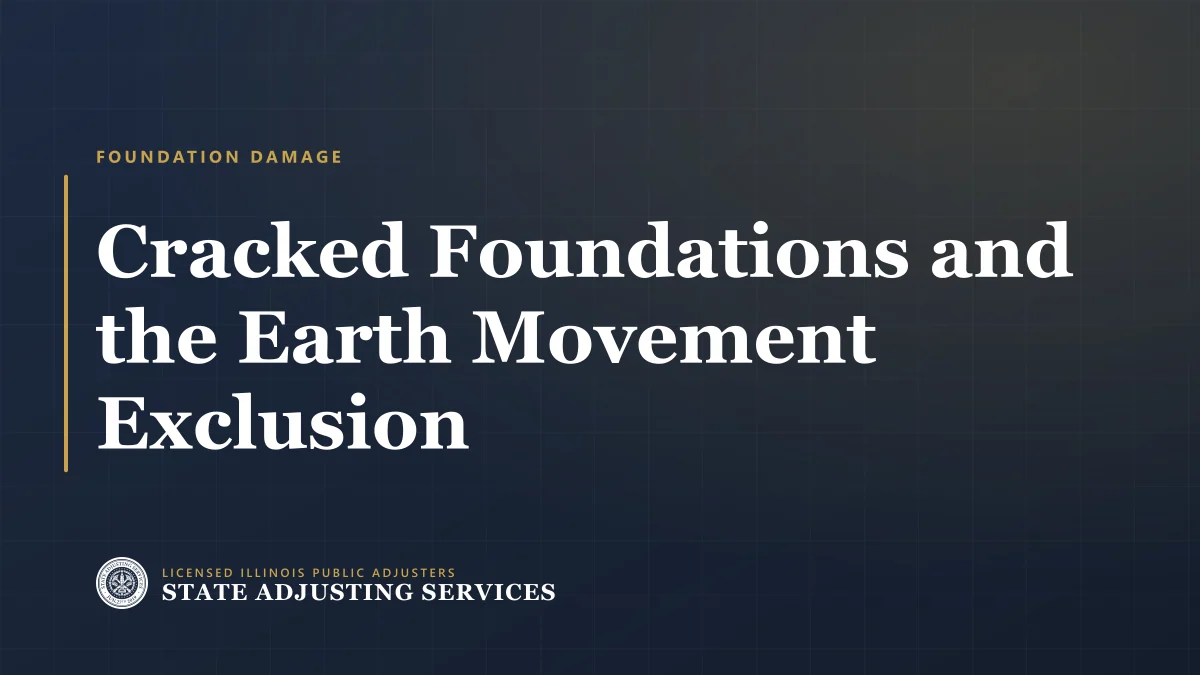 Article cover: earth movement, settlement and cracked foundations, and what a homeowners policy excludes, from State Adjusting Services