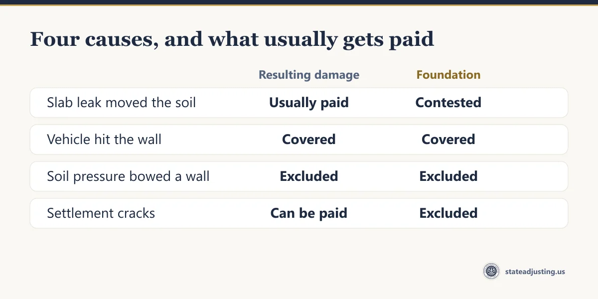 Comparison banner of four causes, showing resulting damage and the foundation separately: a slab leak that moved the soil is usually paid for the water damage while the foundation is contested, a vehicle impact is covered for both, soil pressure that bowed a wall is excluded for both, and settlement cracks are excluded while the resulting damage can be paid