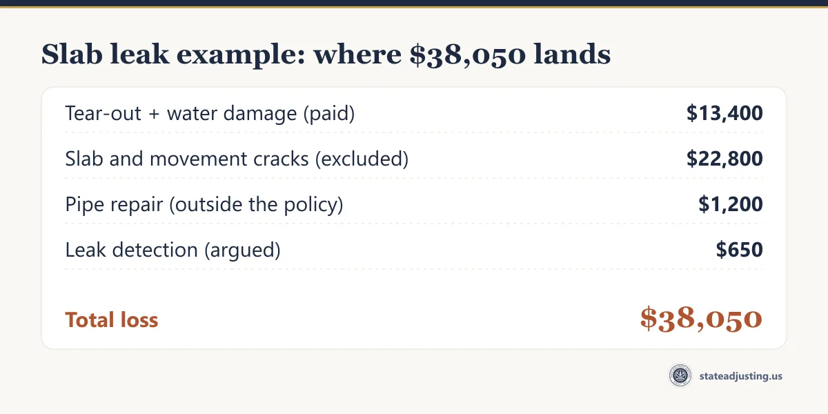 Receipt banner for the slab leak example: tear-out and water damage paid at $13,400, slab and movement cracks excluded at $22,800, pipe repair outside the policy at $1,200, leak detection argued at $650, for a $38,050 total loss