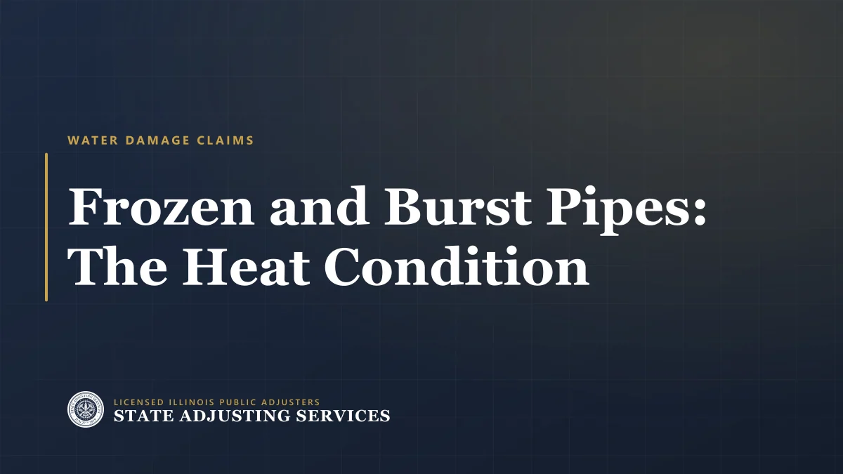 Article cover: frozen and burst pipes — the heat-maintenance condition that decides the claim, from State Adjusting Services