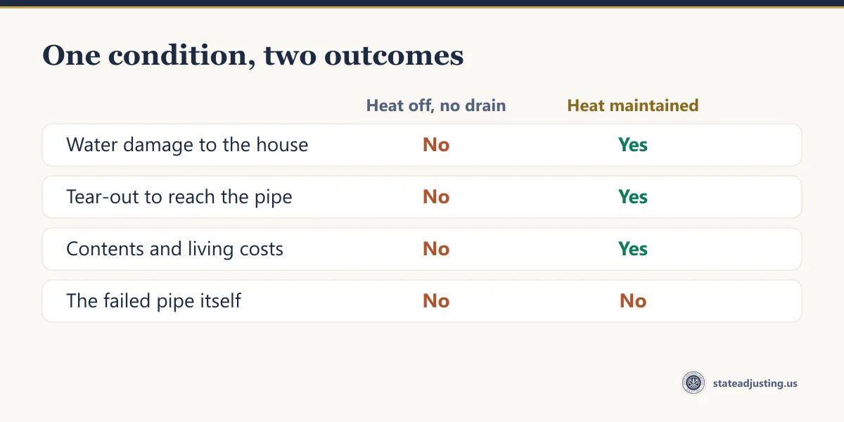 Comparison banner: with heat maintained, the water damage, the tear-out to reach the pipe, and contents and living costs are all paid; with the heat off and the system undrained, none of them are, and the failed pipe itself is not covered either way
