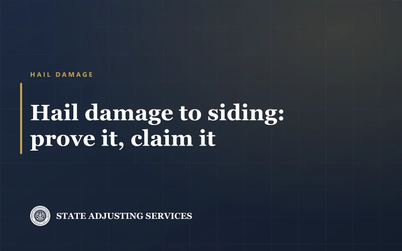 Title card reading Hail damage to siding: prove it, claim it, from State Adjusting Services