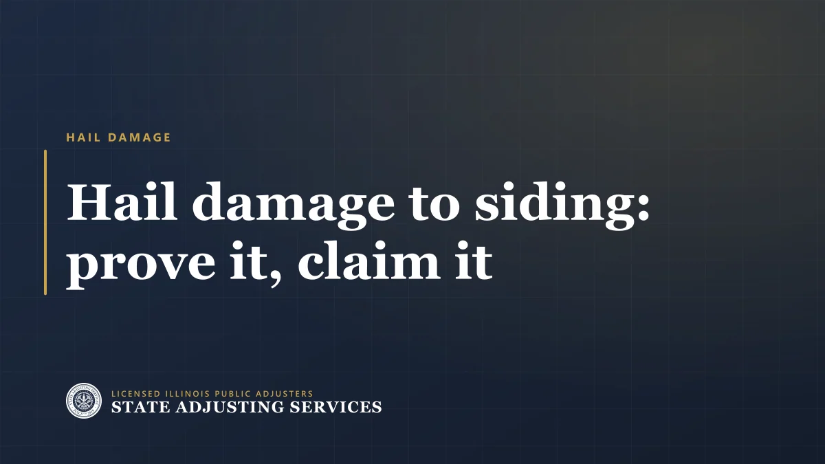 Title card reading Hail damage to siding: prove it, claim it, from State Adjusting Services