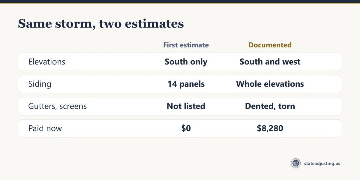 Comparison of the two estimates in the example: south wall only versus south and west, 14 panels versus whole elevations, gutters and screens not listed versus dented and torn, 0 dollars versus 8,280 dollars paid now