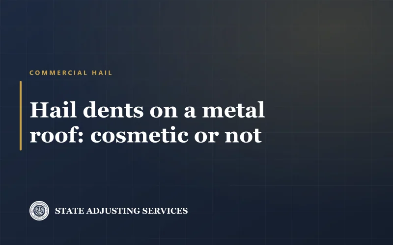 Cover reading Hail dents on a metal roof: cosmetic or not, from State Adjusting Services