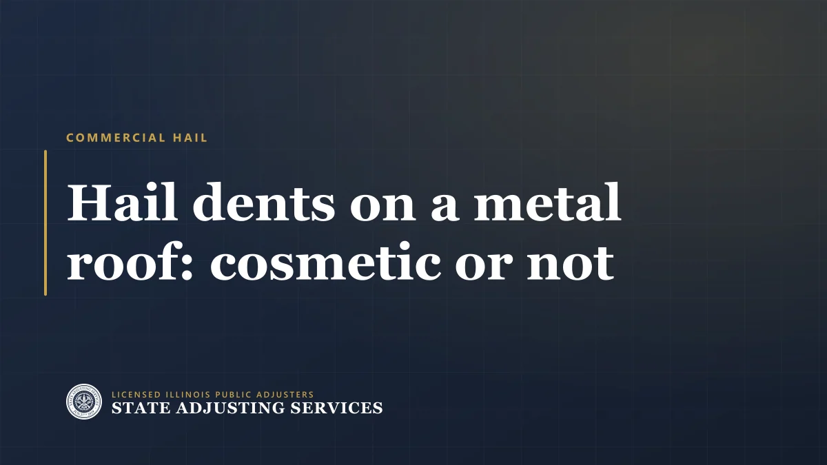 Cover reading Hail dents on a metal roof: cosmetic or not, from State Adjusting Services