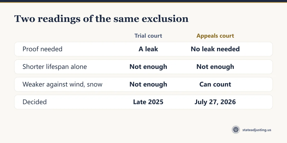 Comparison banner: the trial court in late 2025 required a leak, the appeals court on July 27, 2026 did not; both said a shorter lifespan alone is not enough; lost strength against wind and snow can count on appeal