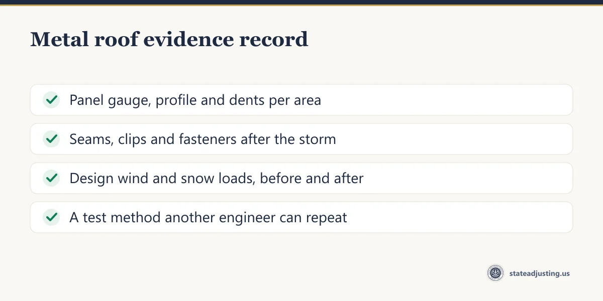 Checklist banner for a metal roof evidence record: panel gauge, profile and dents per area; seams, clips and fasteners after the storm; design wind and snow loads before and after; a test method another engineer can repeat