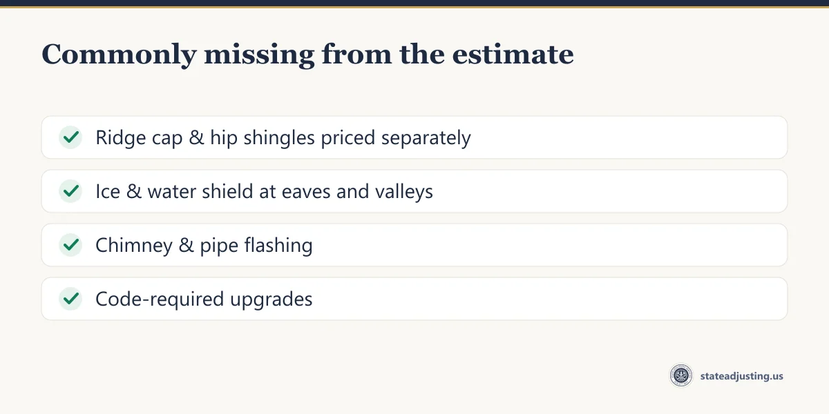 Checklist: ridge cap and hip shingles priced separately, ice and water shield along eaves and valleys, chimney and pipe flashing, and code-required upgrades commonly missing from a hail estimate