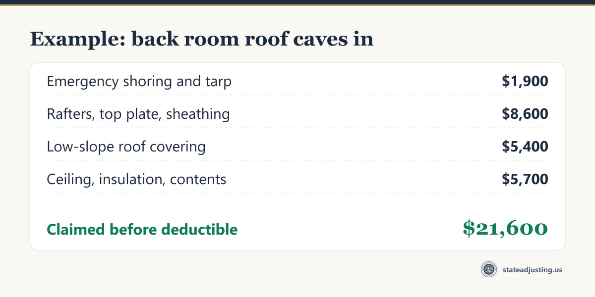 Receipt banner for an example back room roof collapse: emergency shoring and tarp $1,900, rafters top plate and sheathing $8,600, low-slope roof covering $5,400, ceiling insulation and contents $5,700, $21,600 claimed before deductible