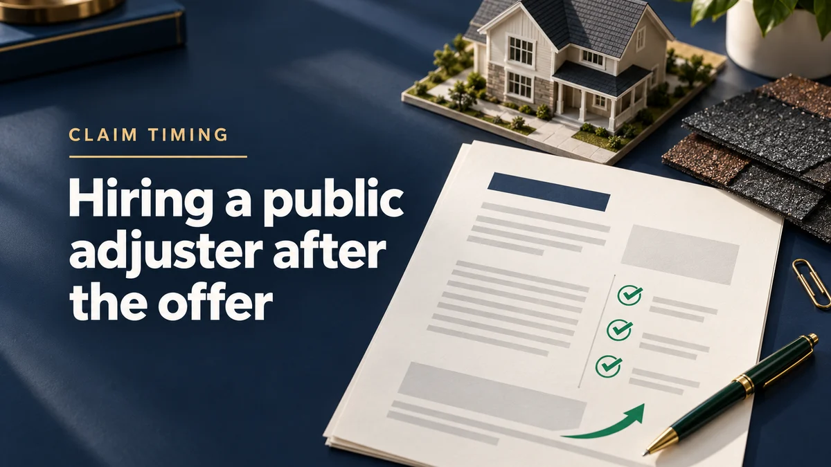 Claim document with checked lines and a pen on a navy desk beside a model house and roofing shingle samples