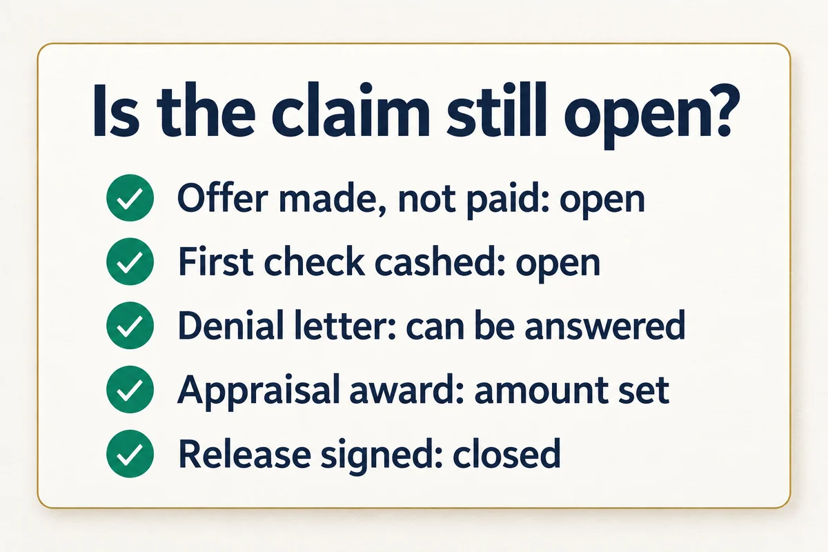 Checklist banner listing five claim stages, from an unpaid offer to a signed release, and whether each is still open
