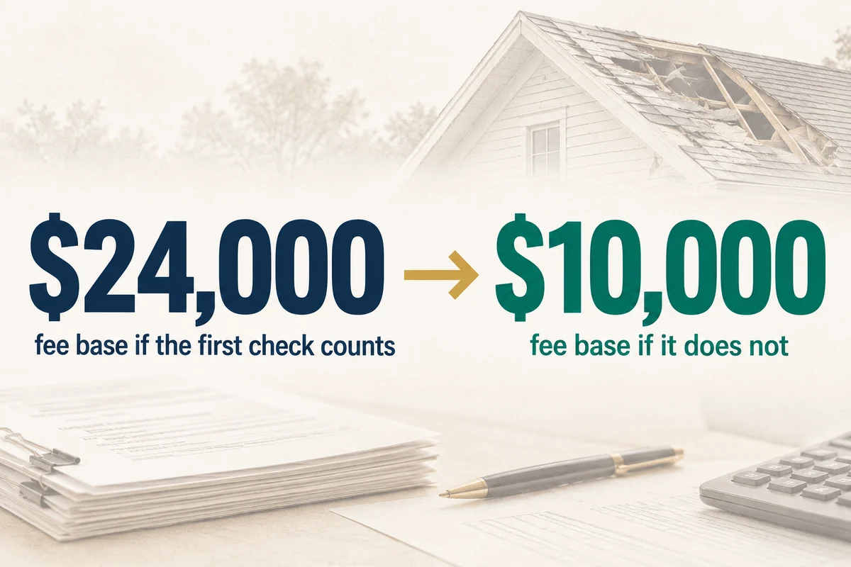 Banner comparing a 24,000 dollar fee base when the first check counts with a 10,000 dollar base when it does not