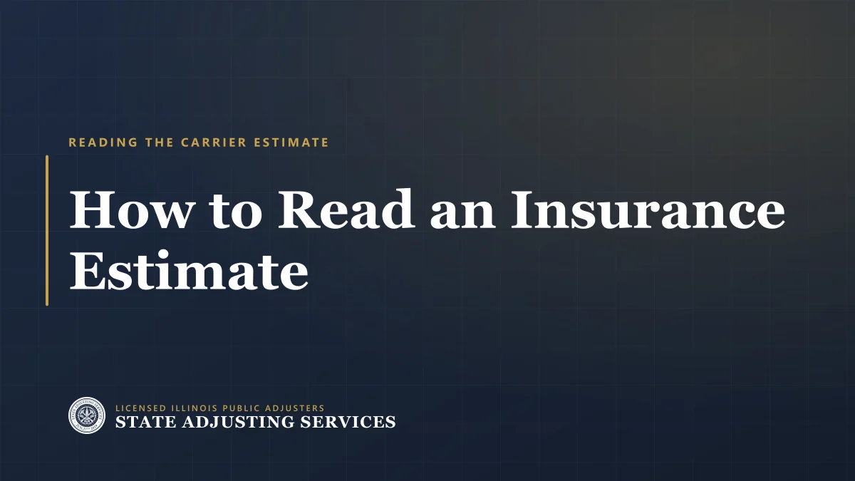 Article cover: how to read an insurance estimate — RCV, depreciation, overhead and profit and the summary page, from State Adjusting Services