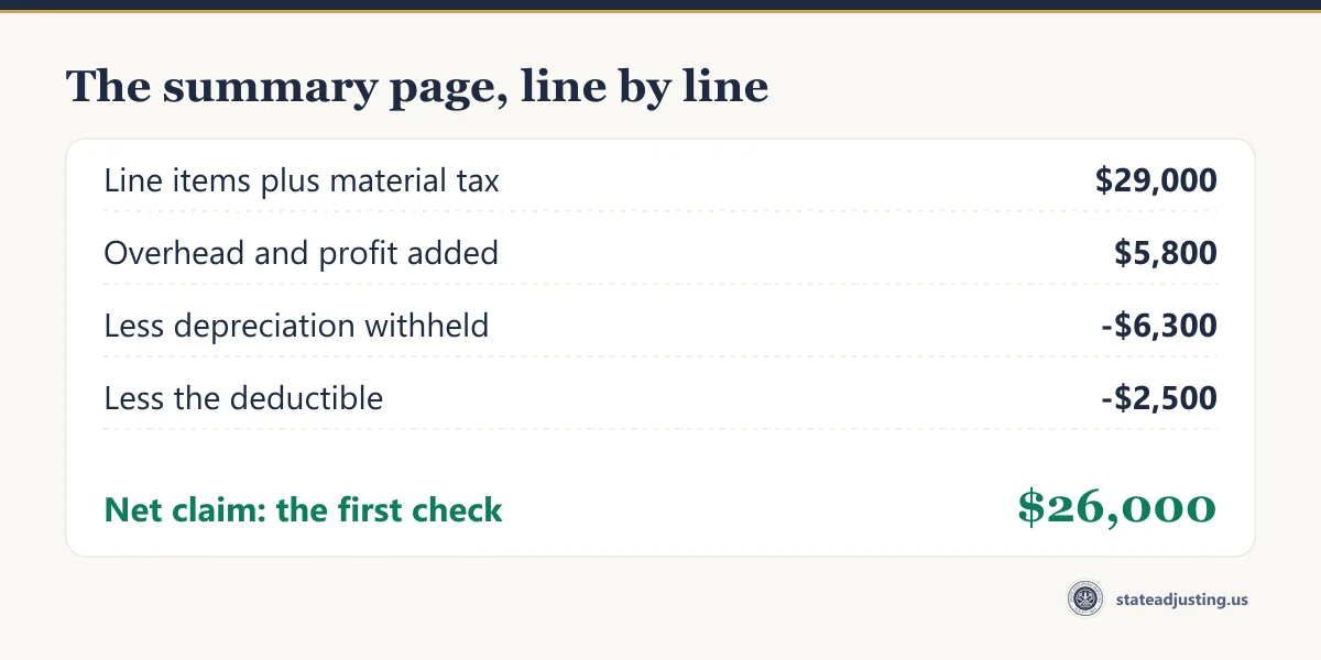 Receipt banner showing a summary page: $29,000 in line items and tax, $5,800 overhead and profit, less $6,300 depreciation and a $2,500 deductible, leaving a $26,000 first check