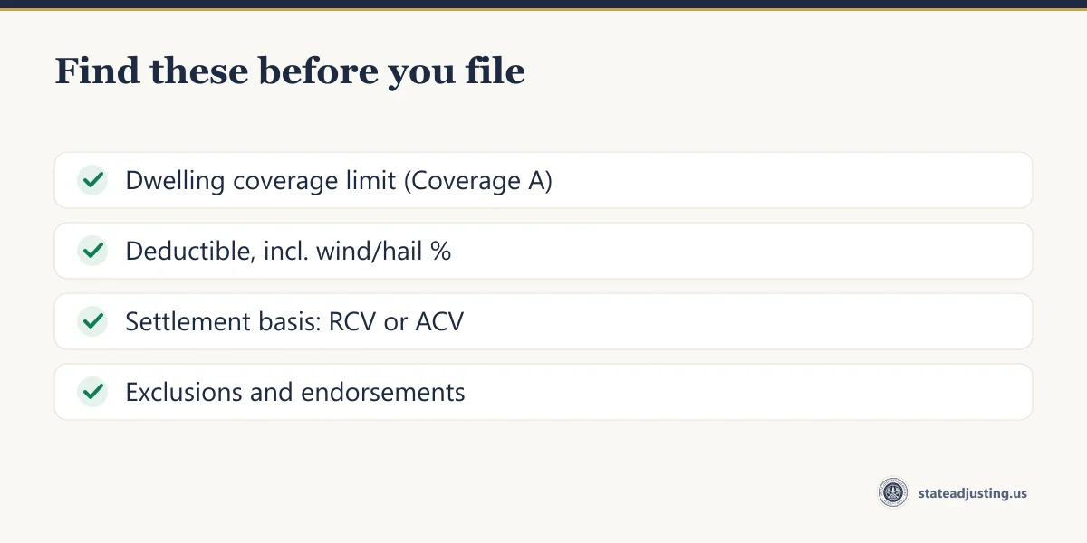Checklist: dwelling coverage limit, deductible with wind or hail percentage, replacement cost or actual cash value, and exclusions or endorsements