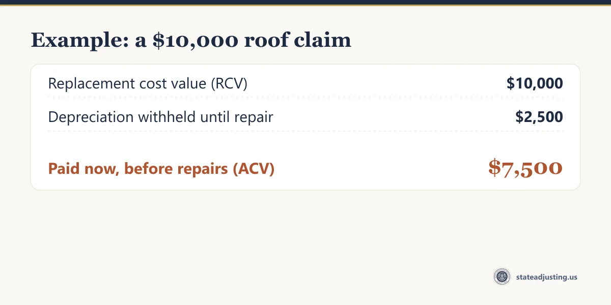Worked example: a $10,000 roof claim paid as $7,500 actual cash value now, with $2,500 recoverable depreciation held back